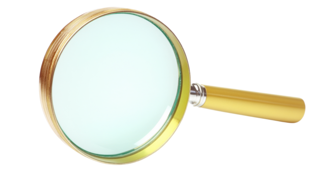 Golden magnifying glass with transparent background enhancing visibility