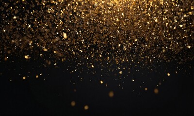 Golden glitter sparkling particles, shimmering lights, floating dust, glowing specks, radiant sparkles, glimmering, luminous shine, black backdrop, magic effect, dazzling, cosmic atmosphere, twinkling