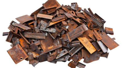 Pile of rusty scrap metal on transparent background