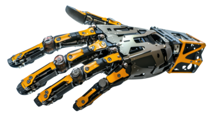 Robotic hand reaching out on transparent background