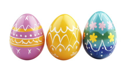 Three colorful decorated easter eggs on transparent background