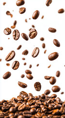 Obraz premium Falling coffee beans in the air close up isolated on a white background.