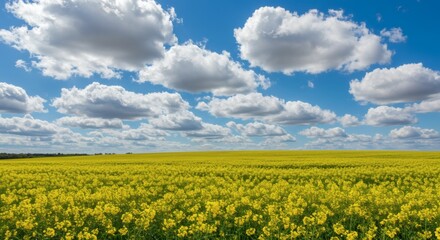 Obraz premium Vibrant Yellow Rapeseed Field Under a Sunny Sky