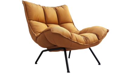 Modern comfortable orange armchair with black metal legs on transparent background