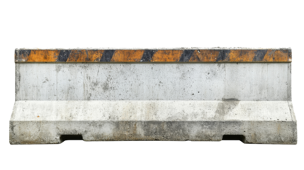 Old concrete traffic barrier with yellow and black stripes on transparent background