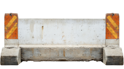 Concrete road barrier jersey wall with orange and yellow diagonal stripes on transparent background