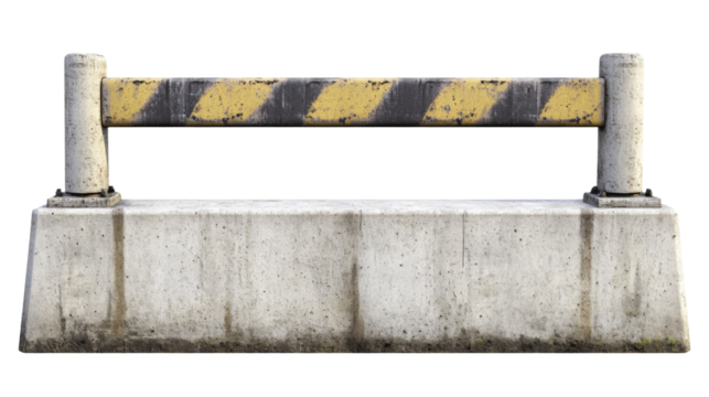 Concrete jersey barrier with yellow and black striped metal beam on transparent background