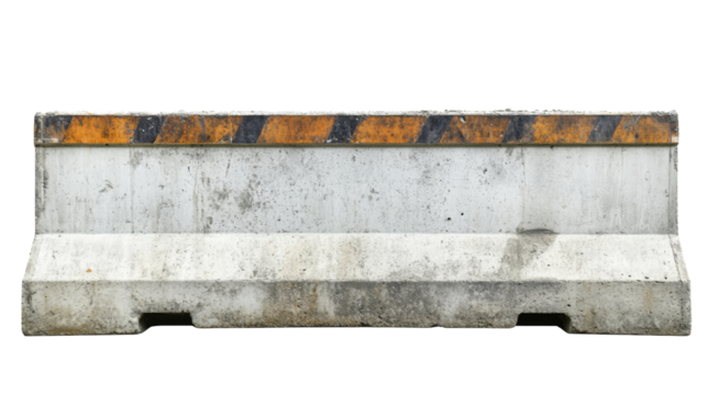 Old concrete traffic barrier with yellow and black stripes on transparent background