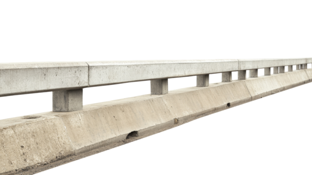 Long concrete jersey barrier dividing road on transparent background