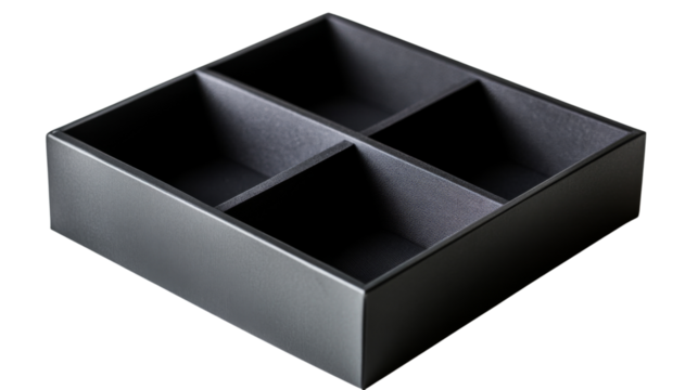 Empty black box with four compartments on transparent background