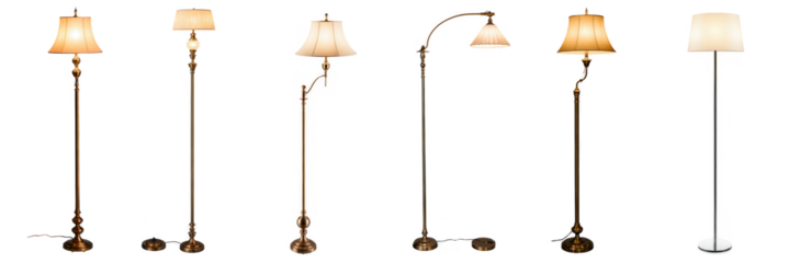 An illuminated vintage-style floor lamp with a soft, warm glow and a classic design, isolated on a transparent background