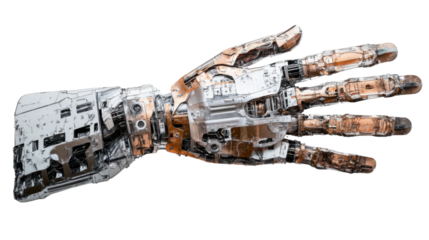 Robotic arm extending hand with transparent background