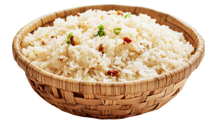 Garlic fried rice garnished with chopped scallions in a woven basket on transparent background