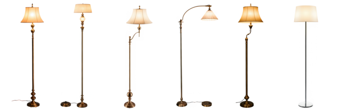 An illuminated vintage-style floor lamp with a soft, warm glow and a classic design, isolated on a transparent background