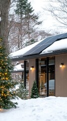 Bright winter day reveals solar panels on a snow-covered roof of a modern house surrounded by tall evergreen trees
