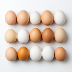 Assorted Fresh Eggs with Varied Colors and Textures Arranged in Rows on a White Background