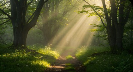 Obraz premium Sunlit Forest Path Magical Landscape Photography
