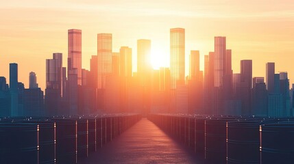 Obraz premium Carbon footprint climate change concept. Stunning skyline at sunset showcasing modern architecture and vibrant colors.