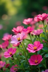 A bed of pink mallow flowers swaying in the wind, gardening, floral arrangement, blooming flowers