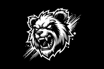 angry panda head with splash Black And White Design On Black Background