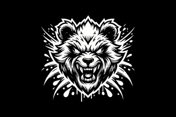 angry panda head with splash Black And White Design On Black Background