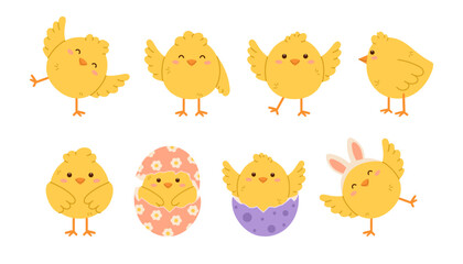 Cute chicken set. Childish chick print for nursery, poster and postcard. Flat isolated vector illustration