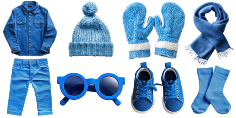Stylish blue winter clothing accessories, PNG element set on transparent background