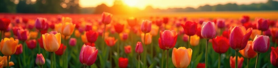 a colorful field of tulips swaying in the wind at sunrise, nature, flowers, morning light