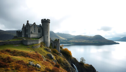 An ancient stone castle standing on a green hill overlooking a calm lake under a cloudy sky, creating a historic and mysterious atmosphere surrounded by stunning natural beauty and scenic landscapes.