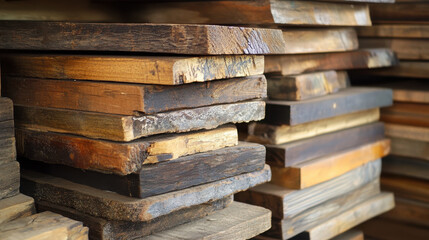 A stack of assorted wooden planks, showcasing different textures and colors for construction use.