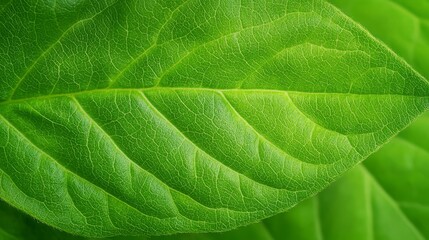 Closeup, vibrant green leaf reveals intricate veins and natural textured beauty