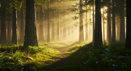 Sunlit Forest Path Magical Sunrise Landscape Photography