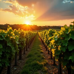 Naklejka premium A golden light falls on the vineyard rows at sunset, natural light, warm light, wine