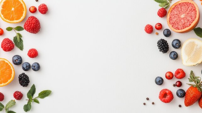 Colorful fruit border, white background, food blog, recipe