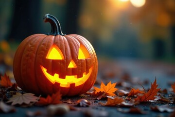 A jack-o-lantern sits beside a trick-or-treat pumpkin, autumn, pumpkin
