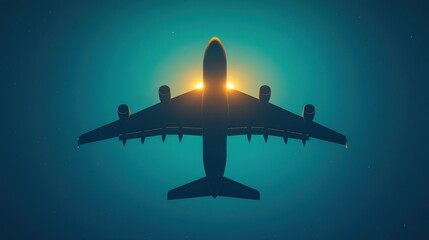 Fototapeta premium Airplane silhouette at sunset, viewed from below.