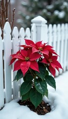 A poinsettia plant is placed against a white snow-covered fence post, bare branches, greenery