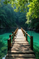 Fototapeta premium Arco de madera suspendido sobre agua cristalina, lake, bridge, wooden