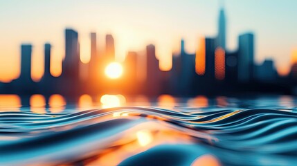 Heat wave climate change idea. A serene view of city skyline at sunset, reflected in tranquil water waves.