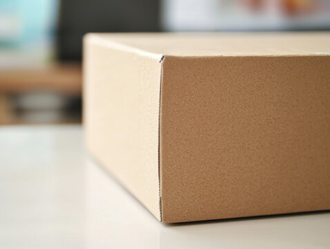 Close-up view of a cardboard box on a clean surface showcasing its simple design and texture