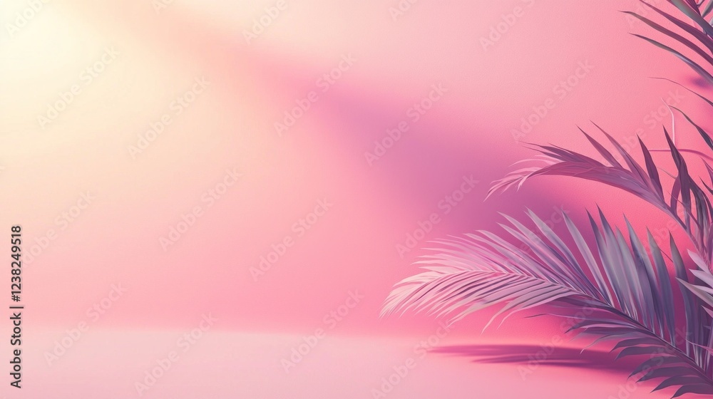 Poster soft pastel hues of pink and yellow blend seamlessly, creating an enchanting backdrop. palm leaves e