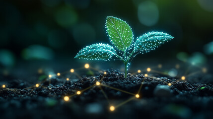 A sprout with illuminated leaves in a dark atmosphere, creating an atmosphere of unity between nature and technology.