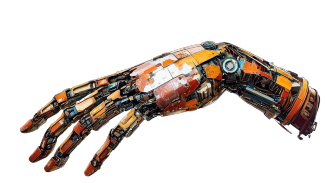 Robotic hand reaching out on transparent background