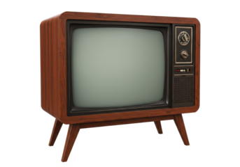 A retro television with a wooden frame, angled legs, and a rounded screen, isolated on a white background