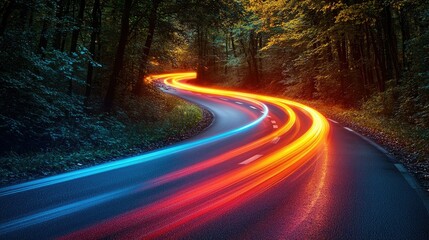 Obraz premium Night Road Through Forest With Light Trails