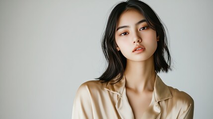 Elegant 18-year-old Asian female model in silk pajamas, front view close-up, delicate skin, graceful pose, soft lighting, clear details, large aperture, natural light, on white background.