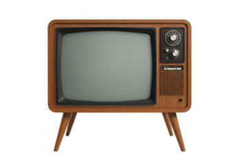 A retro television with a wooden frame, angled legs, and a rounded screen, isolated on a white background
