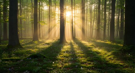 Obraz premium Sunlit Forest Scene Sunrise Rays Peaceful Nature Photography