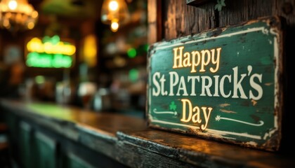 Obraz premium Happy st. patrick's day sign in cozy irish pub with warm lighting