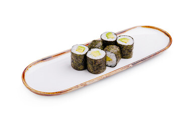 Exquisite sushi rolls displayed on a white plate with a subtle brown edge, showcasing culinary artistry and freshness